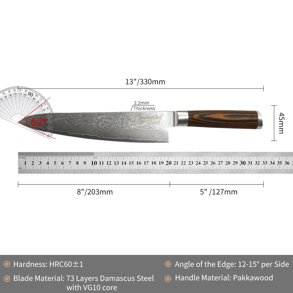 SUNNECKO 8-inch Damascus Steel, Camping Knife, Pakkawood Handle