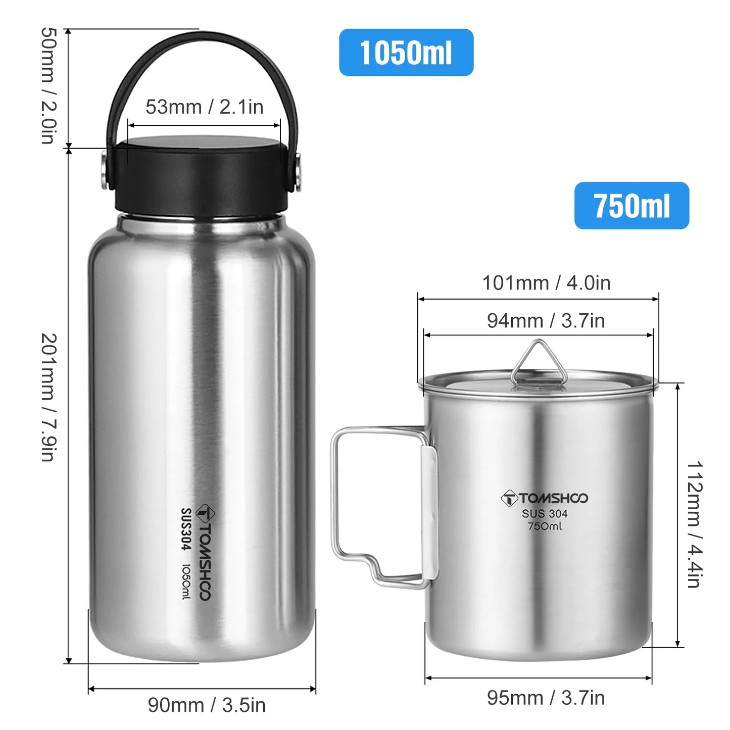 304 Stainless Steel, 1.05L Water Bottle, 750ml Coffee Cup, Mug