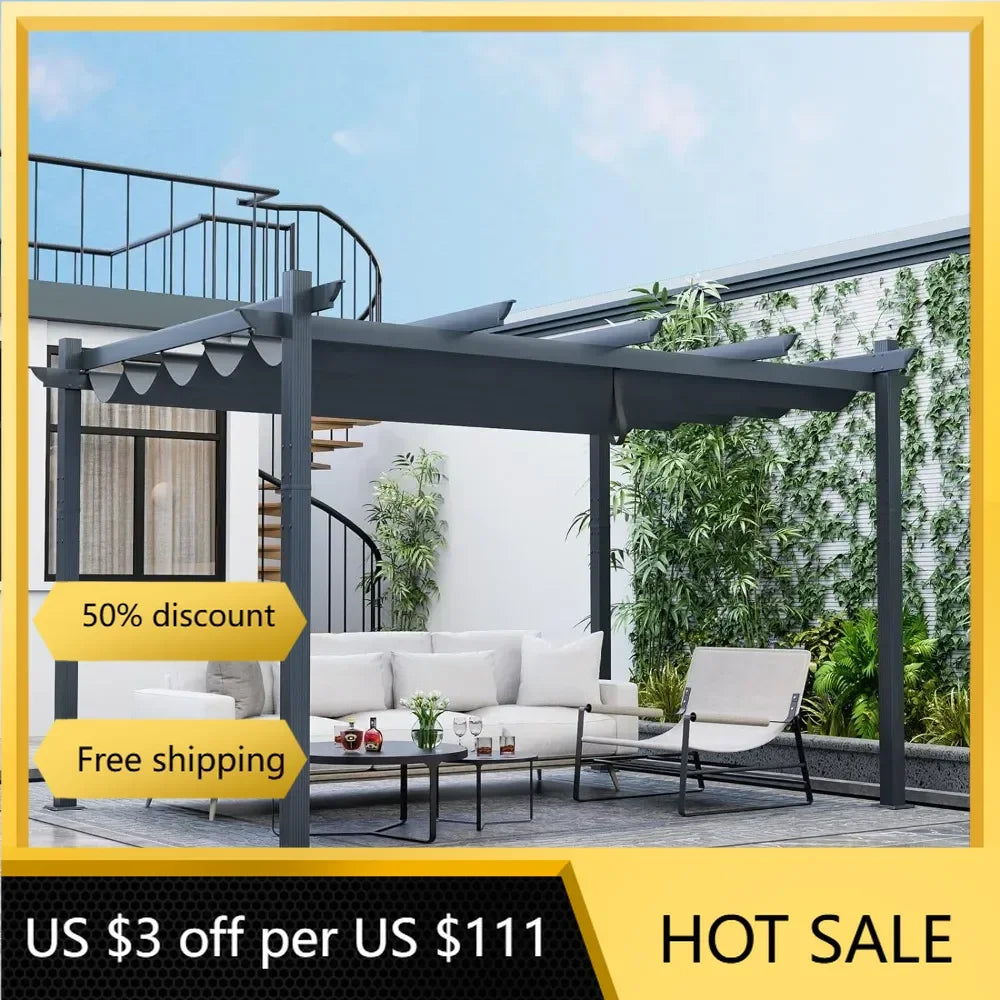 10 x 13 Ft Pergola, with Retractable Sun Shade Canopy