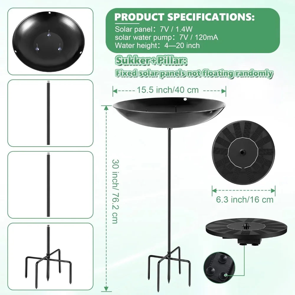 15.5 Inch Solar Powered Metal Bird Bath